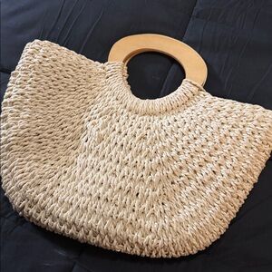 Woven Straw Tote with Wooden Handles - Beige